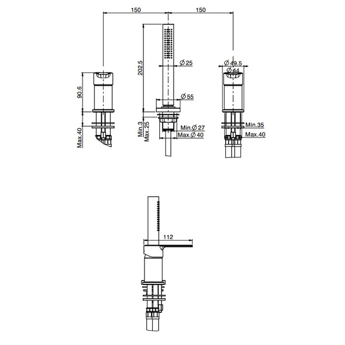 Fima Carlo Frattini смеситель на борт ванны, на 3 отв., с ручным душем, mast, золото арт. f3144/1nor