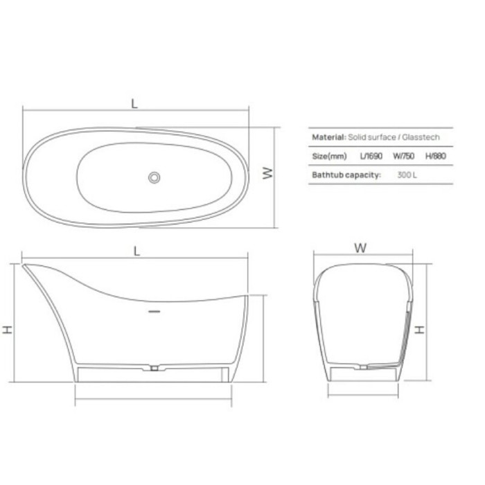 Ванна 169х75 см, отдельностоящая, Glasstek, прозрачная смола, Dea Design Elegant, красный арт. DD8613 1690 R5