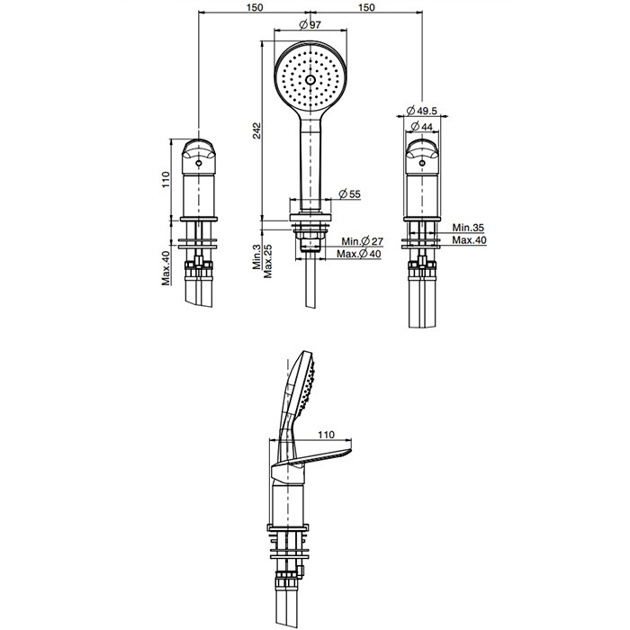 Fima Carlo Frattini смеситель на борт ванны, на 3 отв., с ручным душем, spot, черный арт. f3014/1nns