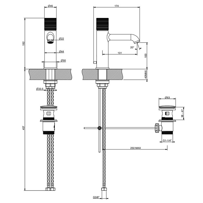 Gessi Смеситель для раковины, 1 отв., с донным клапаном, Habito Trame, 70301#031 цвет: хром