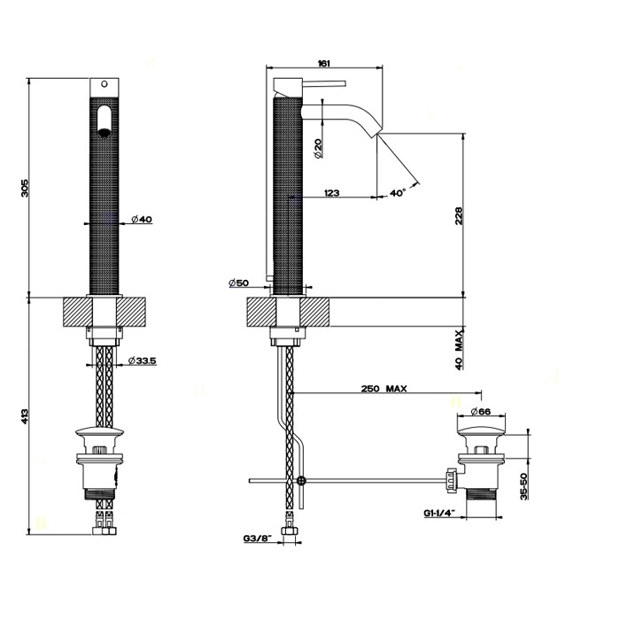 Gessi Смеситель однорычажный высокий с донным клапаном, Cesello, 54404#239 цвет: шлифованная сталь