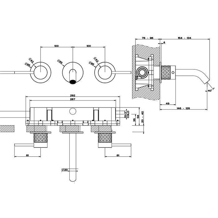 Gessi Встраиваемый смеситель для раковины с изливом 146-128мм, 316, 54192#707 цвет: brushed black metal pvd