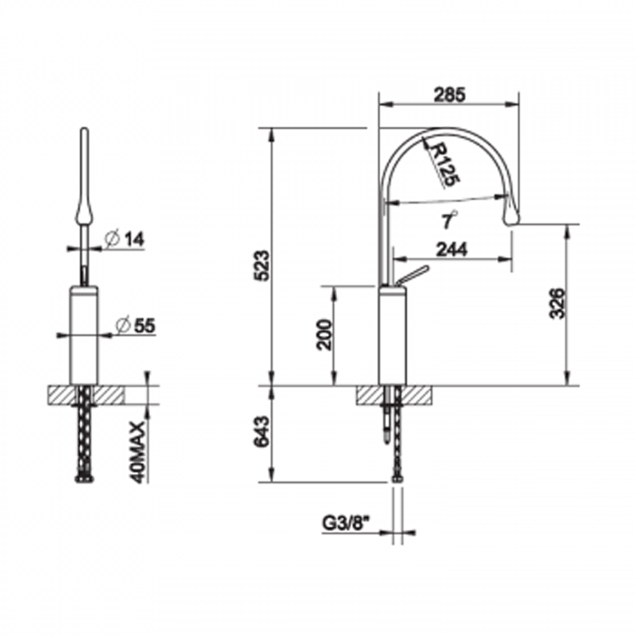 Gessi Смеситель для раковины на 1 отверстие, высокий, излив 244мм R=125, Goccia, 33609#299 цвет: черный