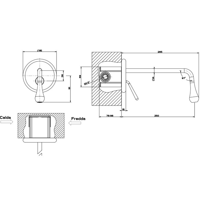 Gessi Встраиваемый однорычажный смеситель для раковины, излив: 250мм, Goccia, 33686#299 цвет: черный