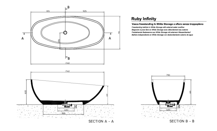 Ванна отдельностоящая 180х80хh60/45 см, без перелива, в комплекте с сифоном и декоративной крышкой, Moma Ruby Infinity, RBTI0304.S цвет: белый