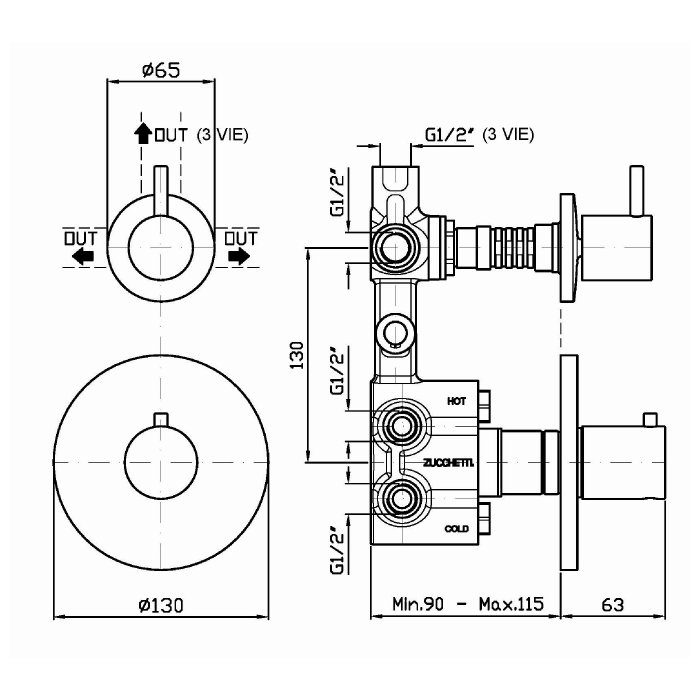 Zucchetti смеситель для душа, встраиваемый, термостатический, с переключателем потока, closer, черный матовый арт. zp1646.n6