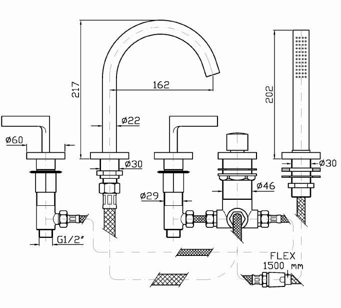 Zucchetti смеситель для ванны, на 5 отв. выдвижной душ, 1500 мм гибкий шланг, simply beautiful, хром арт. zsb5474