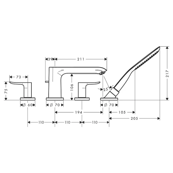 Hansgrohe смеситель на борт ванны на 4 отверстия, Metris, хром арт. 31442000