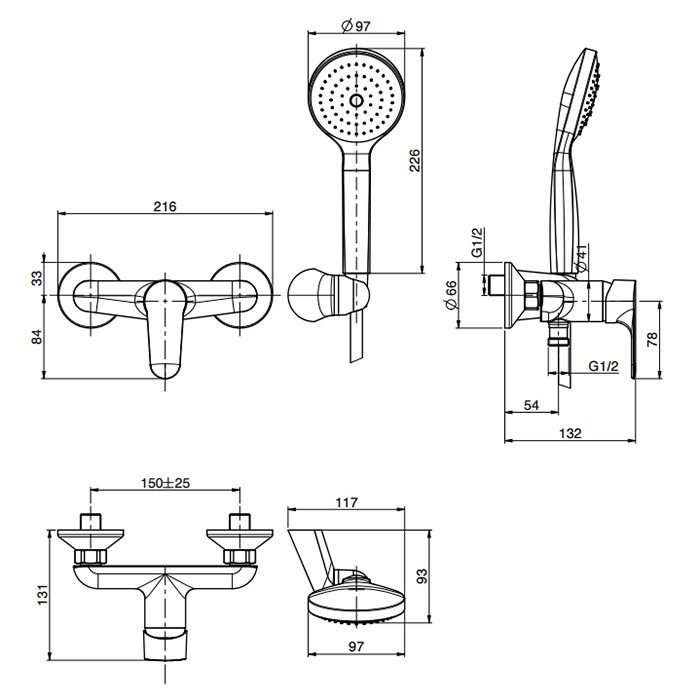 Fima Carlo Frattini смеситель для душа, настенный, с ручным душем, serie 22, черный арт. f3835ns
