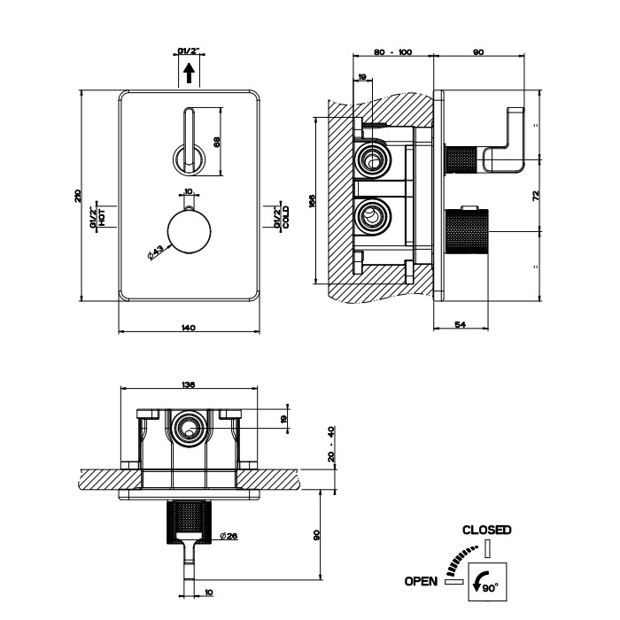 Gessi Смеситель для душа с переключателем на 1 выход, термостатический, Inciso, 58132#246 цвет: золото