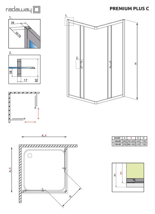 Radaway душевой уголок 1700 80x80 профиль хром стекло прозрачное, Premium Plus - 30461-01-01N