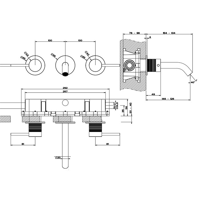Gessi Встраиваемый смеситель для раковины на 3 отв., излив: 146-128мм, 316, 54392#707 цвет: brushed black metal pvd
