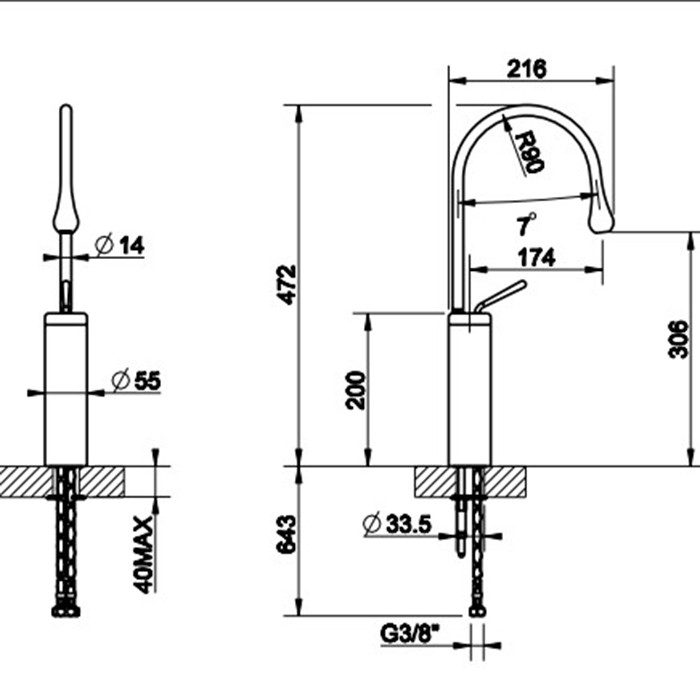 Gessi Смеситель для раковины на 1 отверстие, высокий, излив 174мм R=90, Goccia, 33608#279 цвет: белый