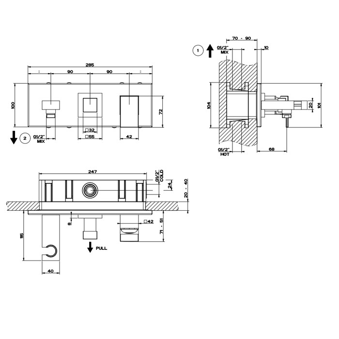 Gessi Смеситель для раковины, встраиваемый, однорычажный, с изливом, подводом воды, держателем лейки и переключателем PULL, Rettangolo, 44911#299 цвет: black xl