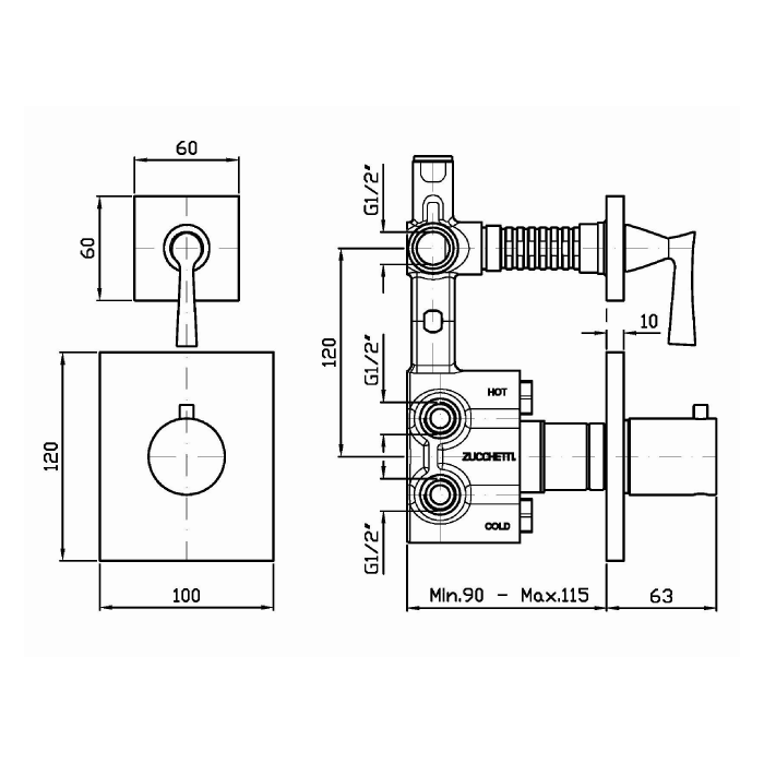 Zucchetti встроенный термостатический смеситель с запорным клапаном 1/2, bellagio, хром арт. zb2659