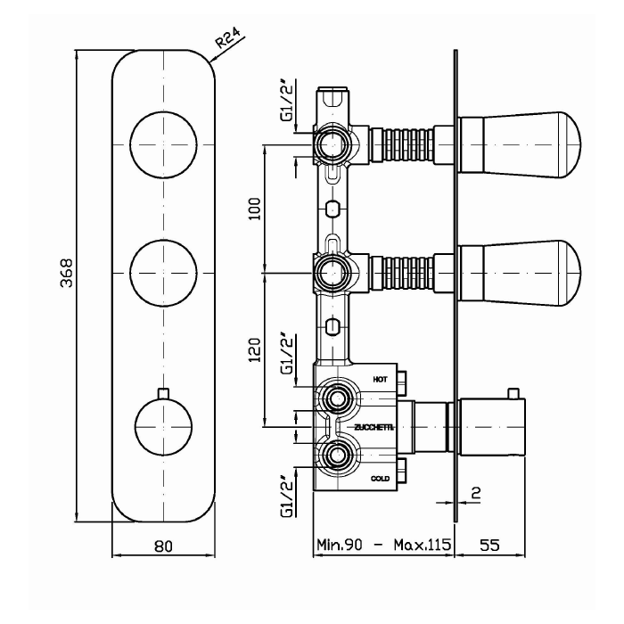 Zucchetti смеситель для душа, встраиваемый, термостатический, с переключателем на 2 потока, nude, черный арт. znu660.c50