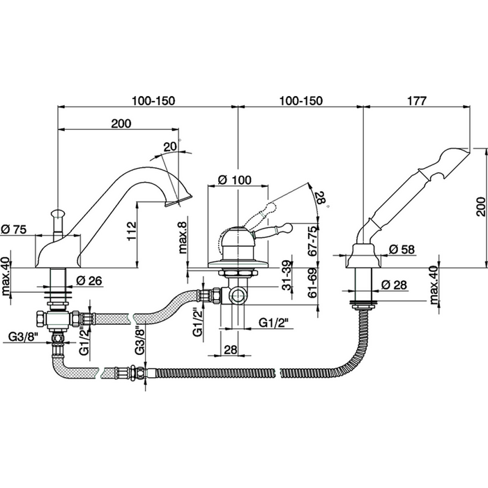 Cisal смеситель однорычажный на борт ванны на 3 отверстия, излив 200 мм ay00126027 arcana royal, цвет: бронза