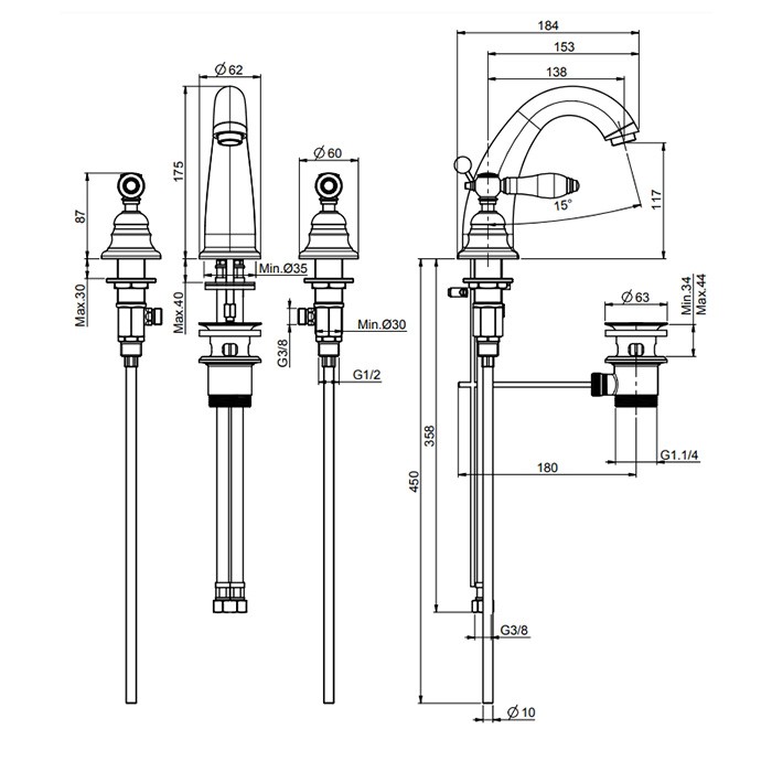 Fima Carlo Frattini смеситель для раковины, на 3 отв., с донным клапаном, herend, золото арт. f5421or