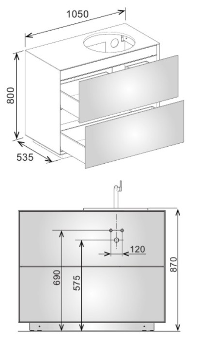 Keuco напольная тумба под умывальник, 1050х 800х535 мм отверстие справа 2 ящика фасад дуб, edition lignatur, арт. 33371 700223