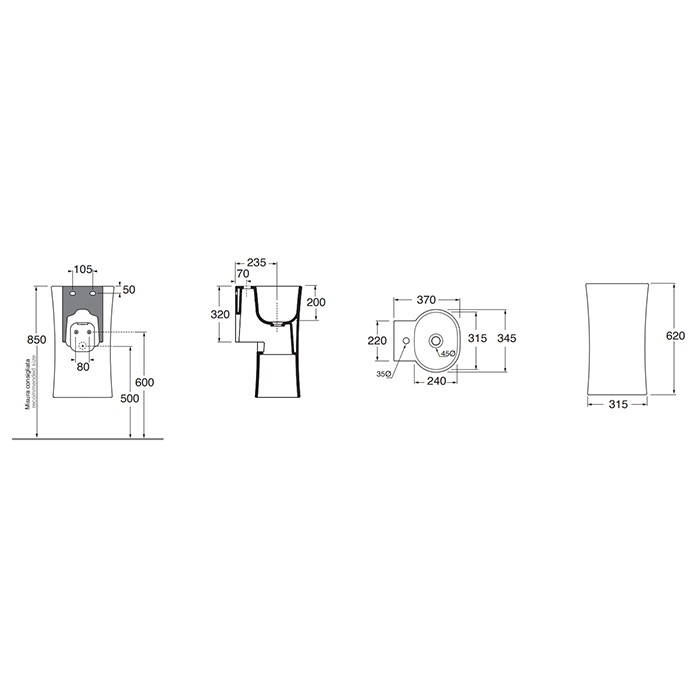 Azzurra раковина 35х37х62см., подвесная, 1 отв., в комплекте с креплением, Azzurra, LALS035370NMCA цвет: carbone