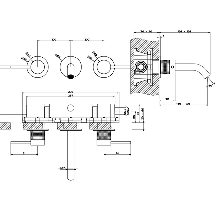 Gessi Встраиваемый смеситель для раковины на 3 отв., излив: 146-128мм, 316, 54492#707 цвет: brushed black metal pvd