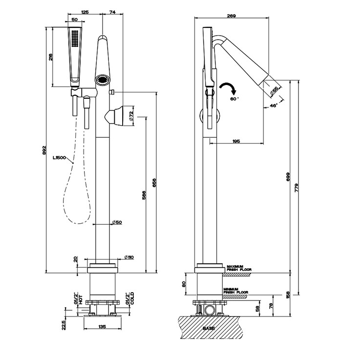 Gessi Смеситель для ванны, напольный, с ручным душем и шлангом 150см., внешняя часть, Cono, 45028#706 цвет: black metal pvd