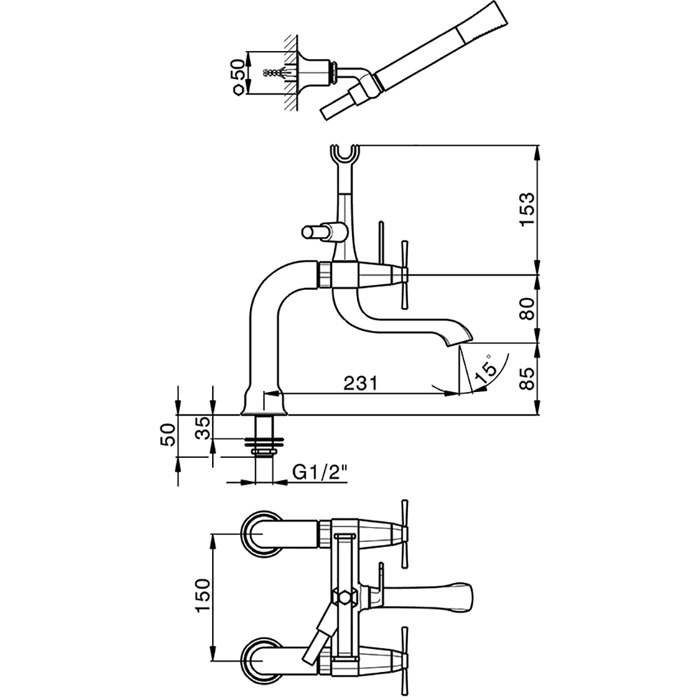 Cisal смеситель на борт ванны двухвентильный, с душевым комплектом cx0000906t cherie, цвет: хром