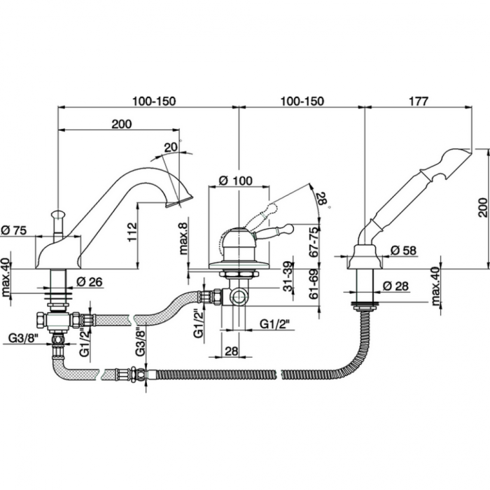 Cisal смеситель однорычажный на борт ванны на 3 отверстия, излив 200 мм ay00126024 arcana royal, цвет: золото