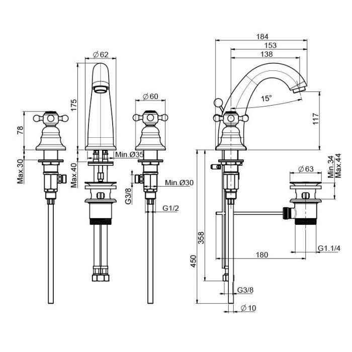 Fima Carlo Frattini смеситель на раковину на 3 отверстия, elizabeth, хром арт. f5101cr