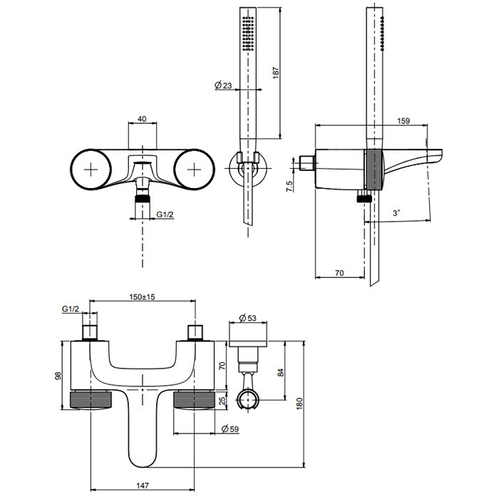 Fima Carlo Frattini смеситель для ванны, настенный, с ручным душем, texture collection, черный арт. f5604hns