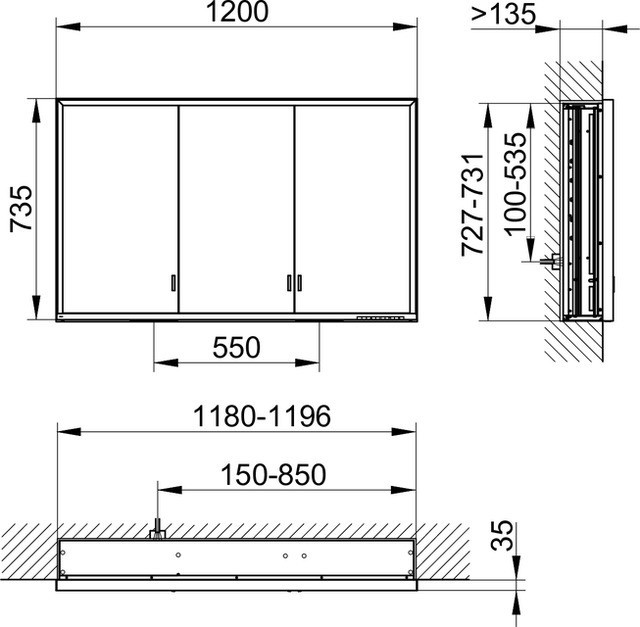 Keuco шкаф с подсветкой встраиваемый, с тремя дверцами, анодированный, royal lumos, алюминий серебристый анодированный арт. 14315 172301
