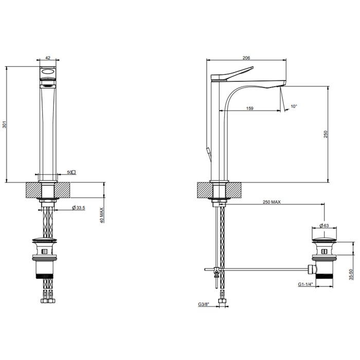 Gessi Смеситель для раковины на 1 отв. с донным клапаном h=301мм, излив 159мм, Rilievo, 59009#031 цвет: хром