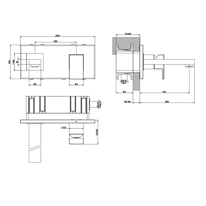 Gessi Смеситель для раковины, встраиваемый, однорычажный, излив 146мм, Rettangolo, 44840#299 цвет: black xl