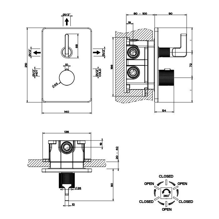 Gessi Смеситель для душа, термостатический, на 3 источника, Inciso, 58136#246 цвет: золото