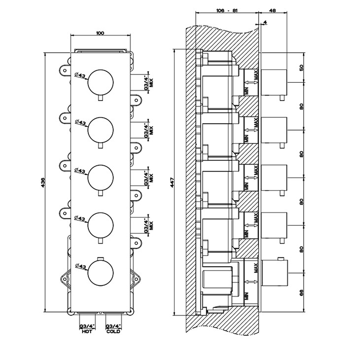 Gessi Встраиваемый термостатический смеситель на 4 источника, резьба 3/4&quot;, 316, 54518#239 цвет: steel brushed