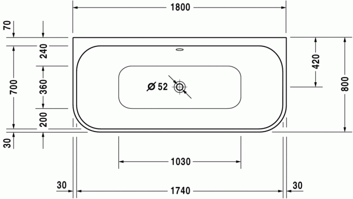 Duravit акриловая ванна happy d2 1800 х 800 пристенный вариант, c двумя наклонами для спины, happy d.2, 700318000000000 цвет: белый