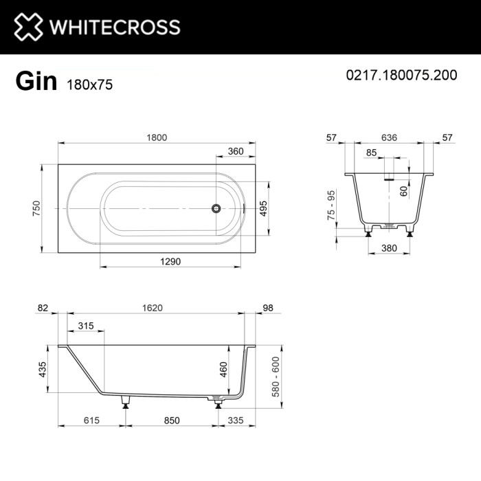 Ванна из иск. камня 180x75, пристенная, WHITECROSS Gin, белый мат арт. 0217.180075.200
