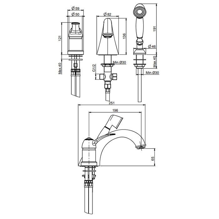 Fima Carlo Frattini смеситель на борт ванны, на 3 отв., с ручным душем, lamp, золото арт. f3314or