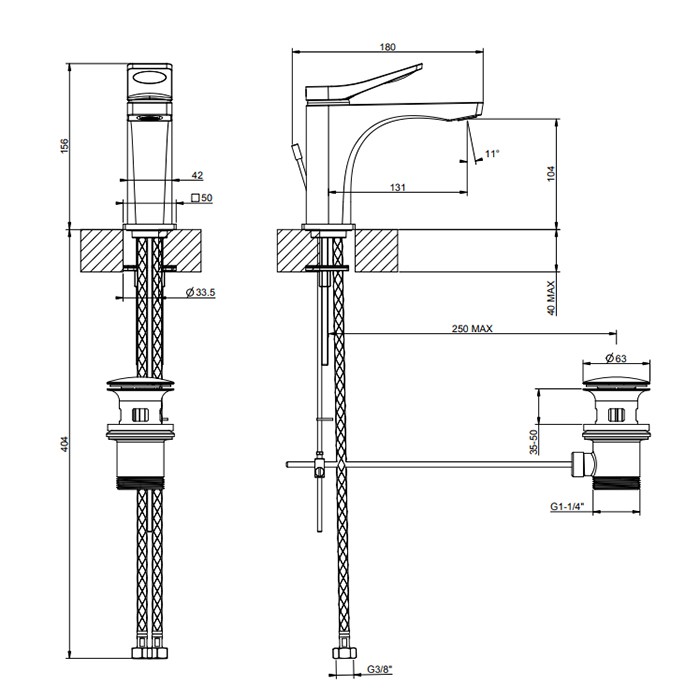 Gessi Смеситель для раковины на 1 отв. с донным клапаном h=156мм, излив 131мм, Rilievo, 59005#299 цвет: nero xl