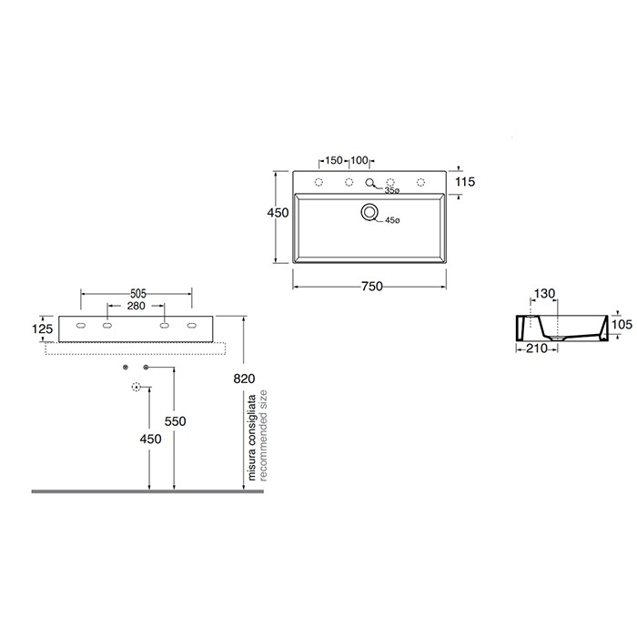 Azzurra раковина подвесная/накладная 75х45см., с 1 отв., Azzurra, ELLP075450QMCC*1 цвет: cacao