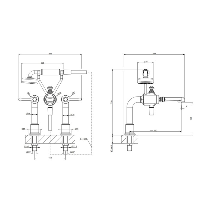 Gessi Смеситель для установки на борт ванны на 2 отверстия, двухвентильный, с ручным душем и шлангом 1500 мм., Venti20, 65115#710 цвет: brass pvd