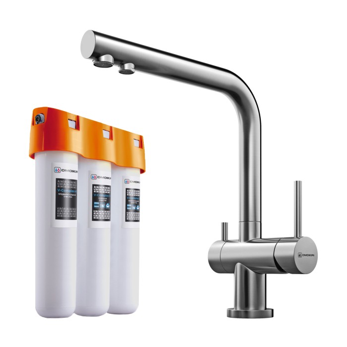 Omoikiri комплект смеситель+фильтр Nagano-BN + Pure drop Lite, нерж.сталь арт. 4011.8028