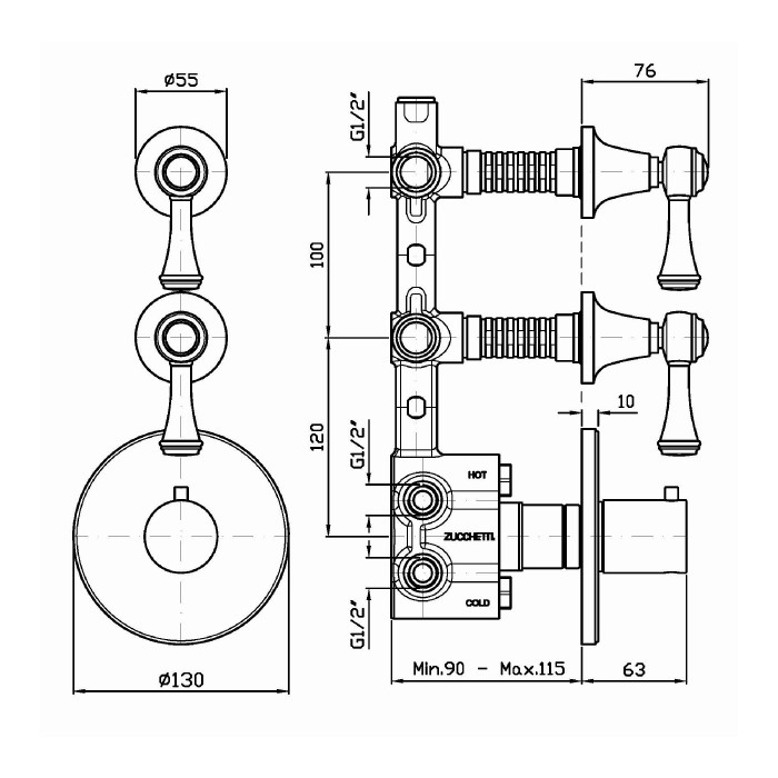 Zucchetti встроенный термостатический смеситель, 1/2”, с 2 запорными клапанами, agora classic, хром арт. zal660 r97821