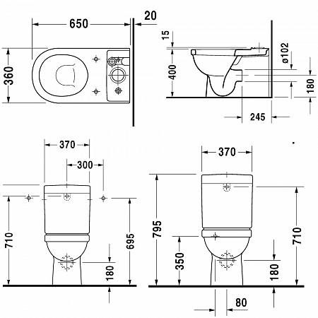Duravit бачок для унитаза 175 мм х 370 мм, с механизмом двойного слива, happy d, 0910000005 цвет: белый