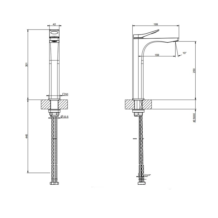 Gessi Смеситель для раковины на 1 отв. без донного клапана h=301мм, излив 159мм, Rilievo, 59010#299 цвет: black xl