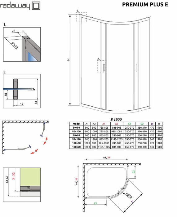 Radaway душевой уголок 1900 100x80 профиль хром стекло графит, Premium Plus - 30491-01-05N