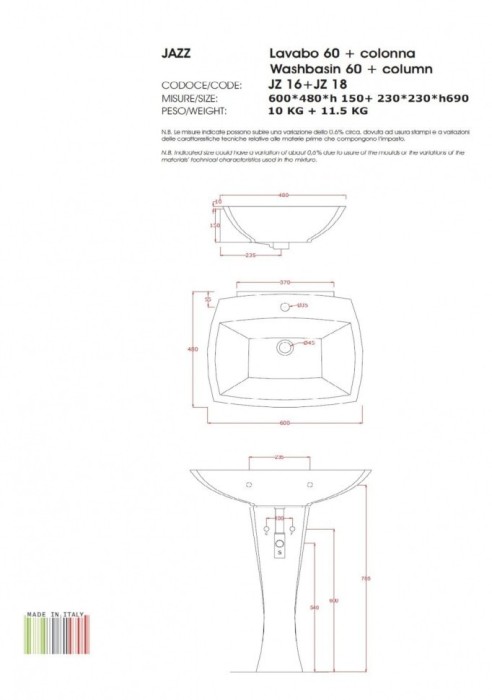 ArtCeram раковина для ванной комнаты, jzl003 01 50 no hole jazz цвет: черный