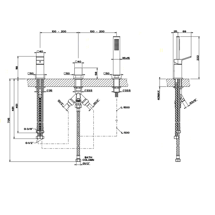 Gessi Смеситель для ванны на 3 отверстия, с переключателем и ручным душем, без излива, Rettangolo, 53043#031 цвет: хром