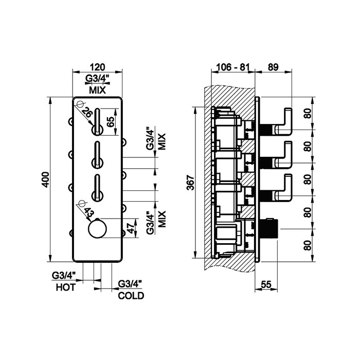 Gessi Встраиваемый термостатический смеситель на 3 источника, резьба 3/4" (внешние части), Inciso, 58206#707 цвет: brushed black metal pvd