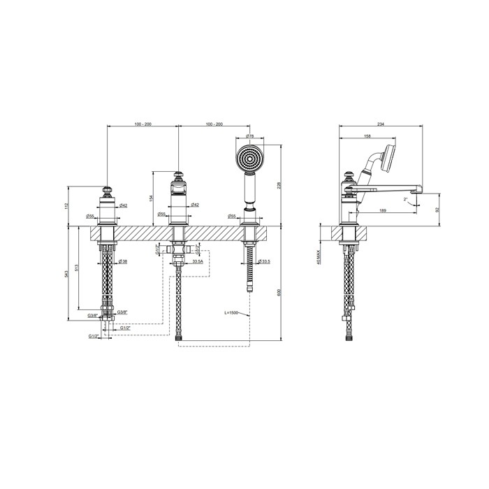 Gessi Смеситель для установки на борт ванны на 3 отверстия, однорычажный, с ручным душем и шлангом 1500 мм., Venti20, 65037#031 цвет: хром